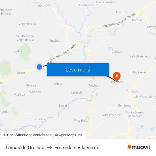 Lamas de Orelhão to Freixeda e Vila Verde map