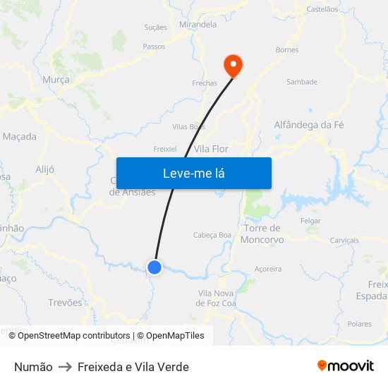 Numão to Freixeda e Vila Verde map