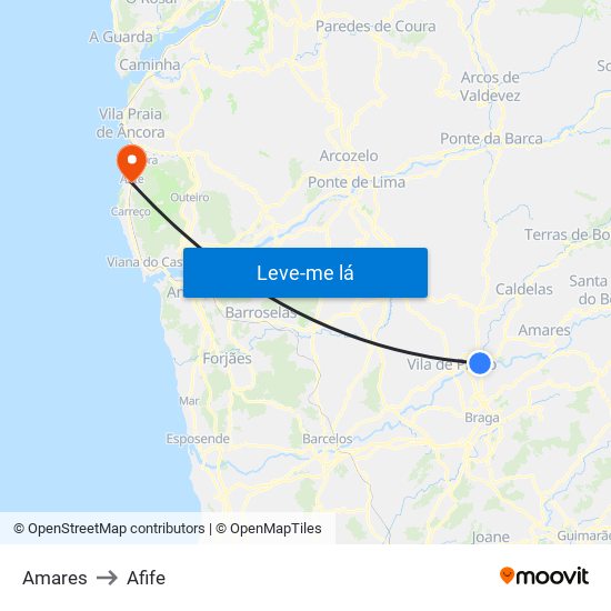 Amares to Afife map