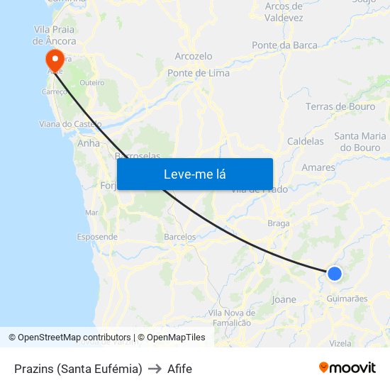 Prazins (Santa Eufémia) to Afife map