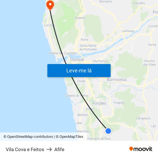 Vila Cova e Feitos to Afife map