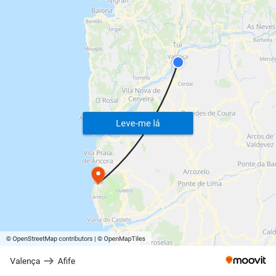 Valença to Afife map