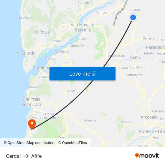 Cerdal to Afife map