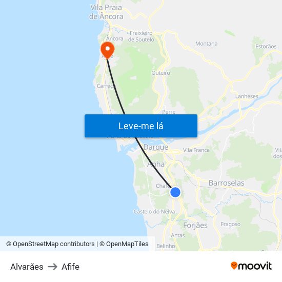 Alvarães to Afife map