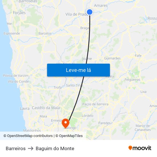 Barreiros to Baguim do Monte map