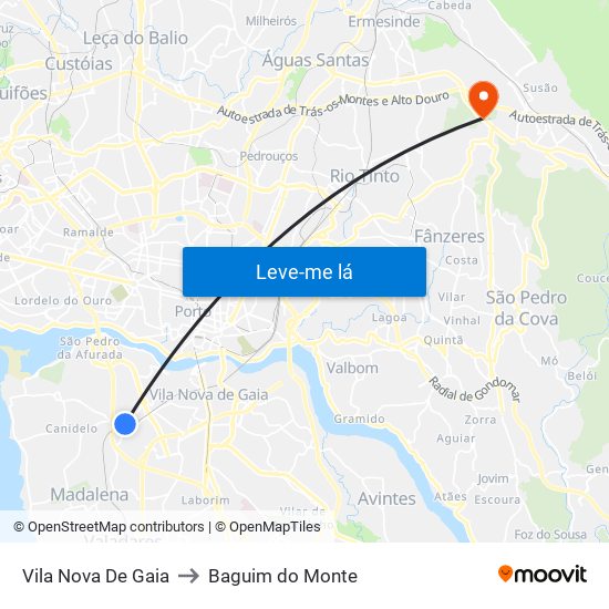 Vila Nova De Gaia to Baguim do Monte map