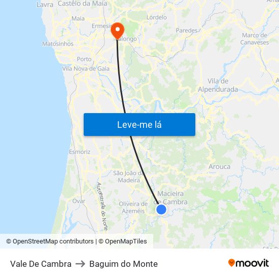 Vale De Cambra to Baguim do Monte map