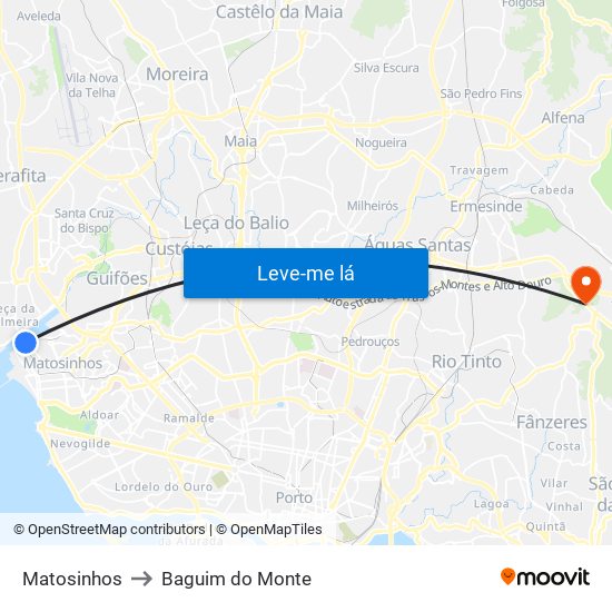 Matosinhos to Baguim do Monte map