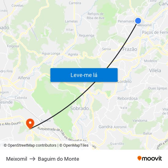 Meixomil to Baguim do Monte map
