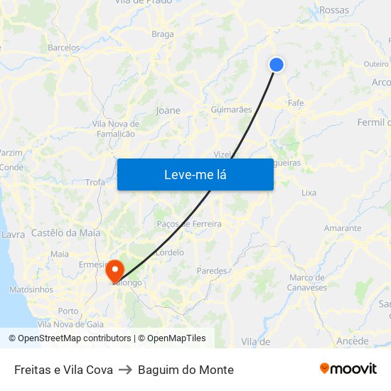 Freitas e Vila Cova to Baguim do Monte map