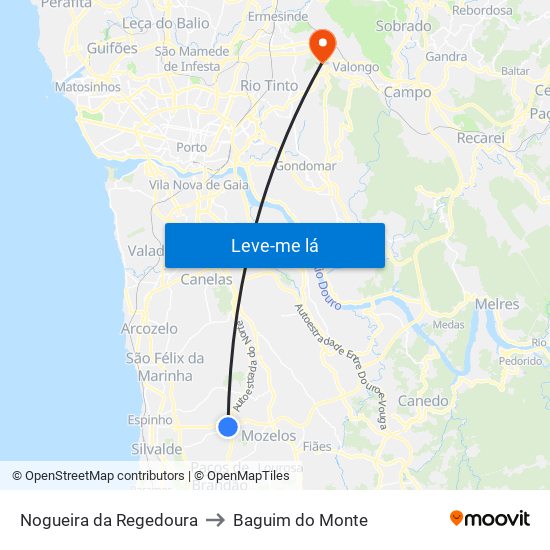 Nogueira da Regedoura to Baguim do Monte map