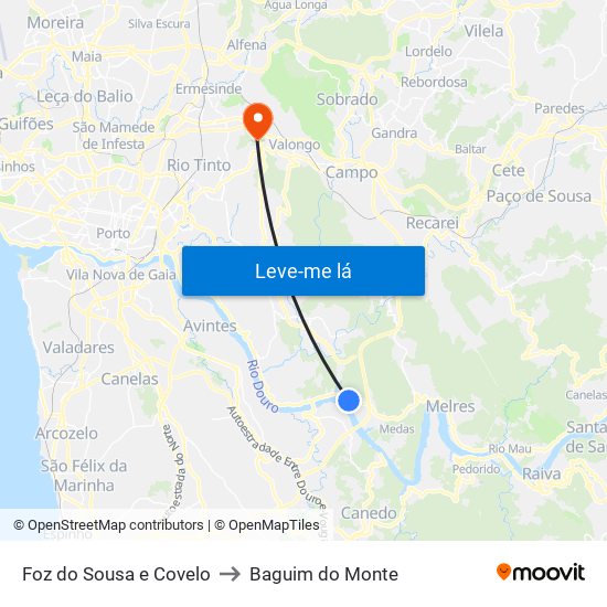 Foz do Sousa e Covelo to Baguim do Monte map