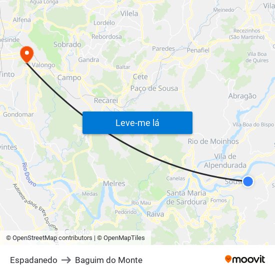 Espadanedo to Baguim do Monte map