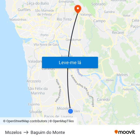 Mozelos to Baguim do Monte map