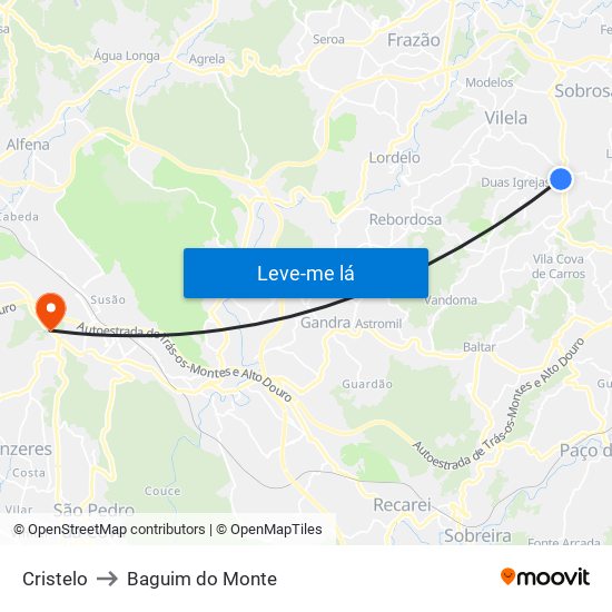 Cristelo to Baguim do Monte map