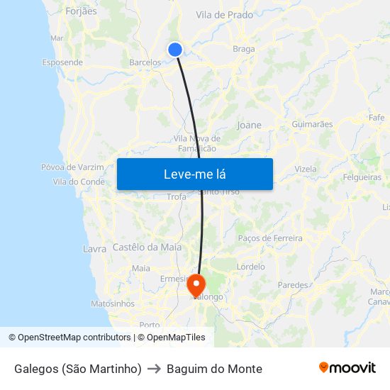 Galegos (São Martinho) to Baguim do Monte map