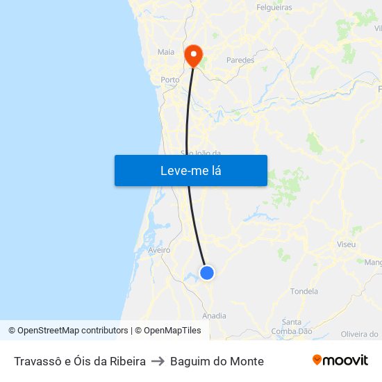 Travassô e Óis da Ribeira to Baguim do Monte map