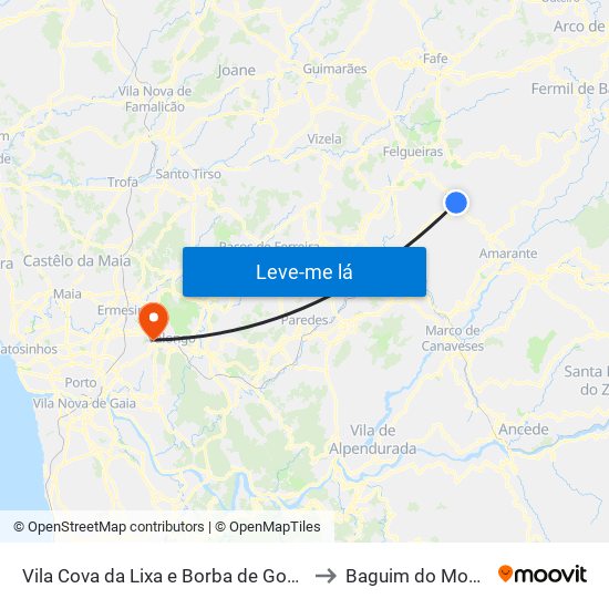 Vila Cova da Lixa e Borba de Godim to Baguim do Monte map