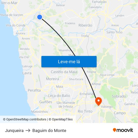 Junqueira to Baguim do Monte map