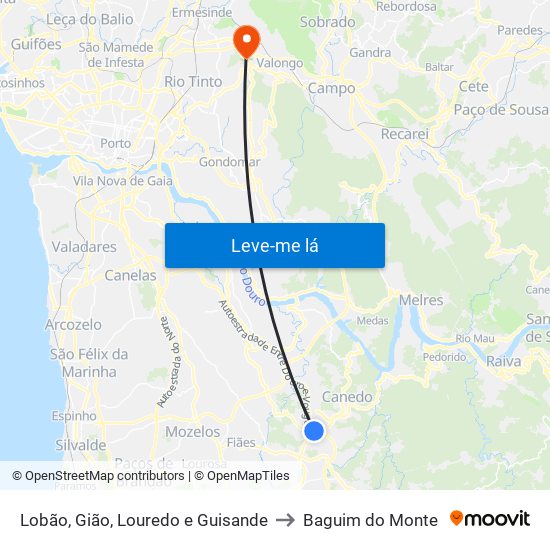 Lobão, Gião, Louredo e Guisande to Baguim do Monte map