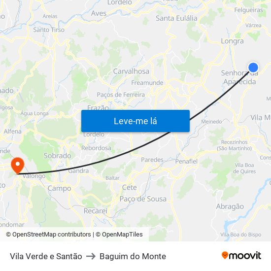 Vila Verde e Santão to Baguim do Monte map