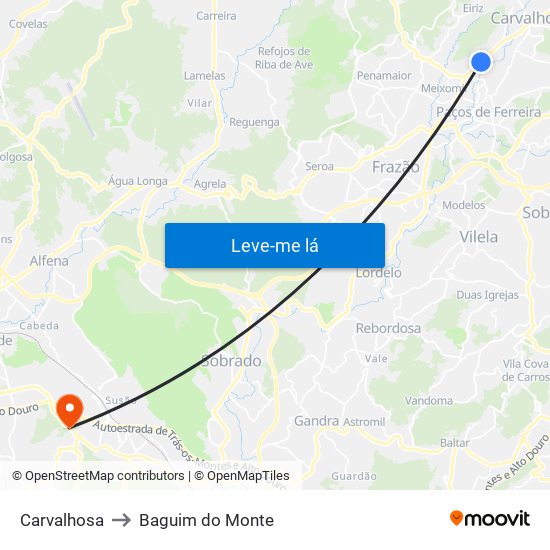 Carvalhosa to Baguim do Monte map