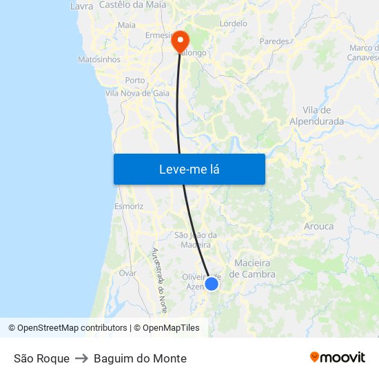 São Roque to Baguim do Monte map