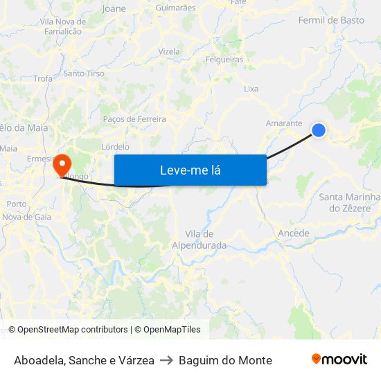 Aboadela, Sanche e Várzea to Baguim do Monte map