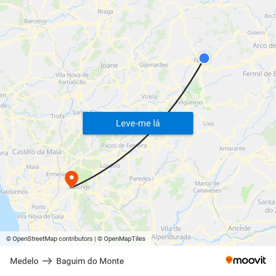 Medelo to Baguim do Monte map