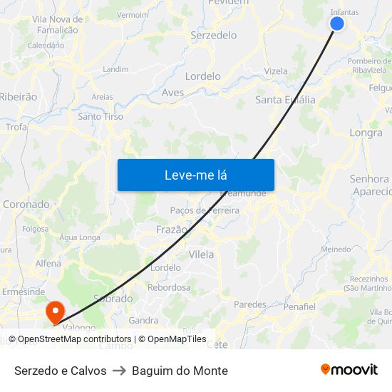 Serzedo e Calvos to Baguim do Monte map
