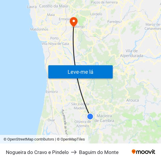 Nogueira do Cravo e Pindelo to Baguim do Monte map