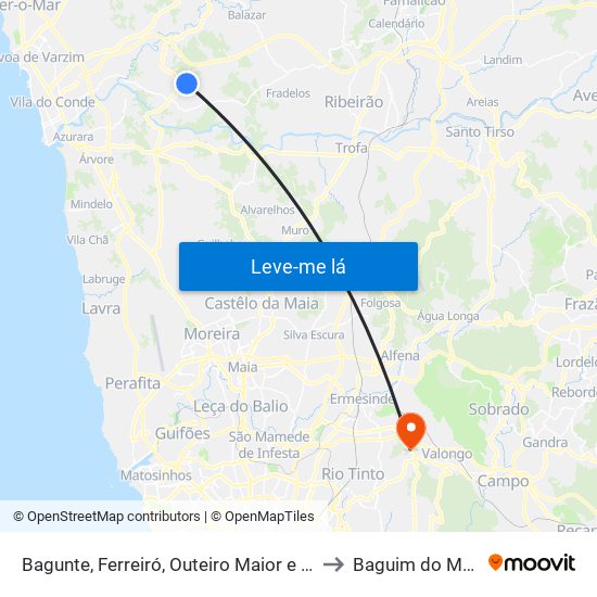 Bagunte, Ferreiró, Outeiro Maior e Parada to Baguim do Monte map