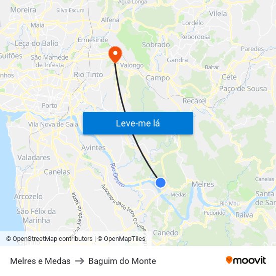 Melres e Medas to Baguim do Monte map