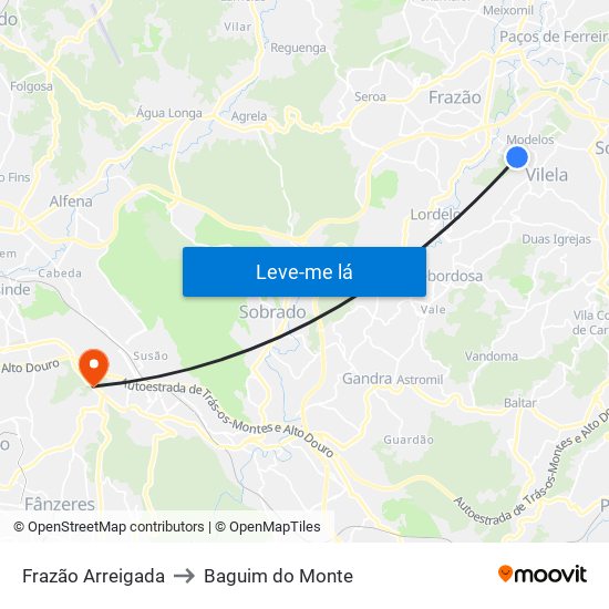 Frazão Arreigada to Baguim do Monte map