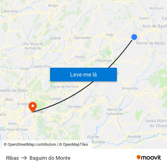 Ribas to Baguim do Monte map