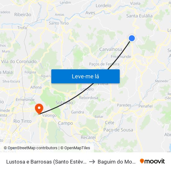 Lustosa e Barrosas (Santo Estêvão) to Baguim do Monte map