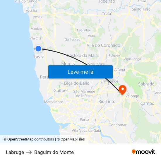 Labruge to Baguim do Monte map