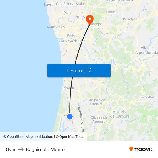 Ovar to Baguim do Monte map