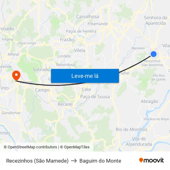 Recezinhos (São Mamede) to Baguim do Monte map