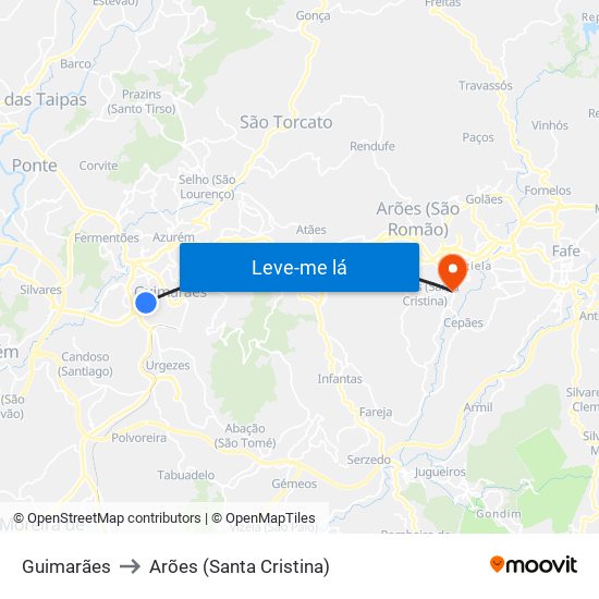 Guimarães to Arões (Santa Cristina) map