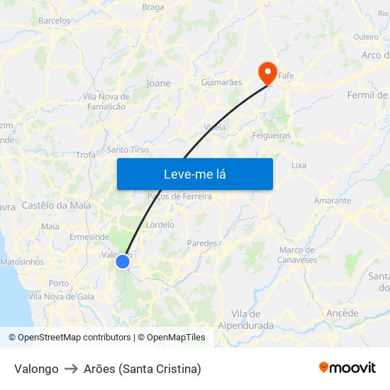 Valongo to Arões (Santa Cristina) map