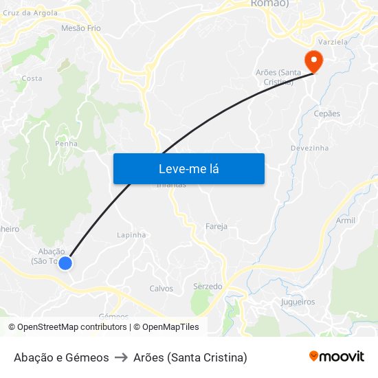 Abação e Gémeos to Arões (Santa Cristina) map