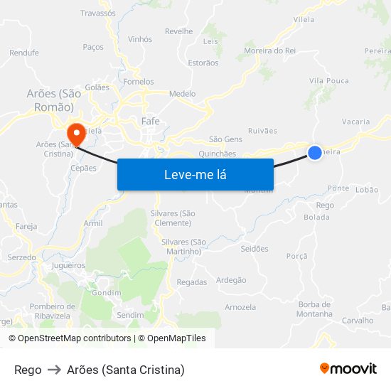 Rego to Arões (Santa Cristina) map