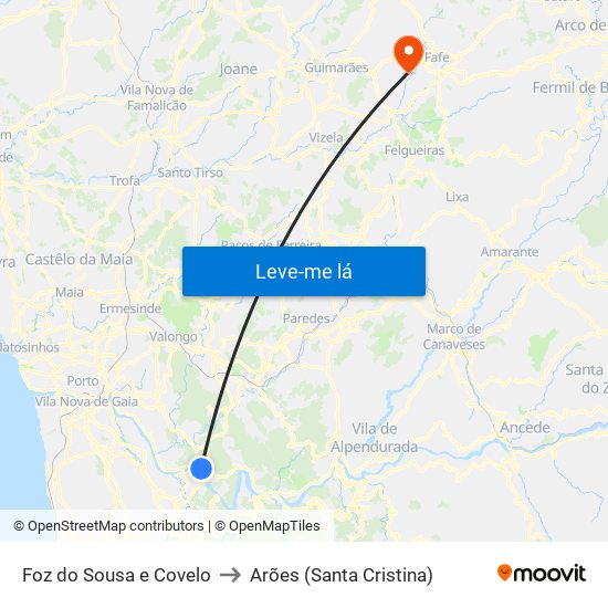 Foz do Sousa e Covelo to Arões (Santa Cristina) map