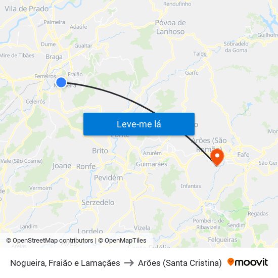 Nogueira, Fraião e Lamaçães to Arões (Santa Cristina) map