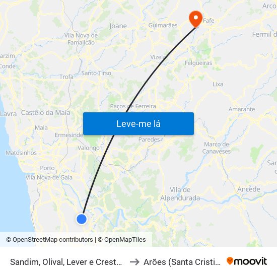 Sandim, Olival, Lever e Crestuma to Arões (Santa Cristina) map