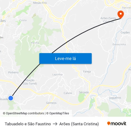 Tabuadelo e São Faustino to Arões (Santa Cristina) map