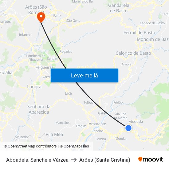 Aboadela, Sanche e Várzea to Arões (Santa Cristina) map