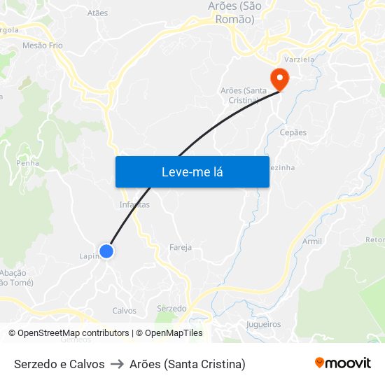 Serzedo e Calvos to Arões (Santa Cristina) map