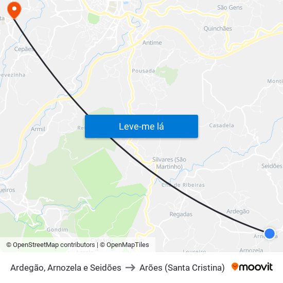 Ardegão, Arnozela e Seidões to Arões (Santa Cristina) map